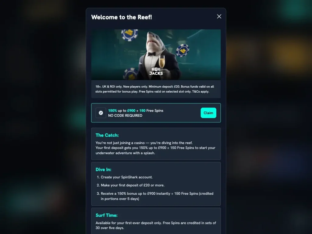 no SpinShark bonus code required 